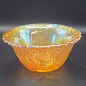Retro Glass Bowl Marigold Iridescent Basket Weave Pattern Vintage Collectible